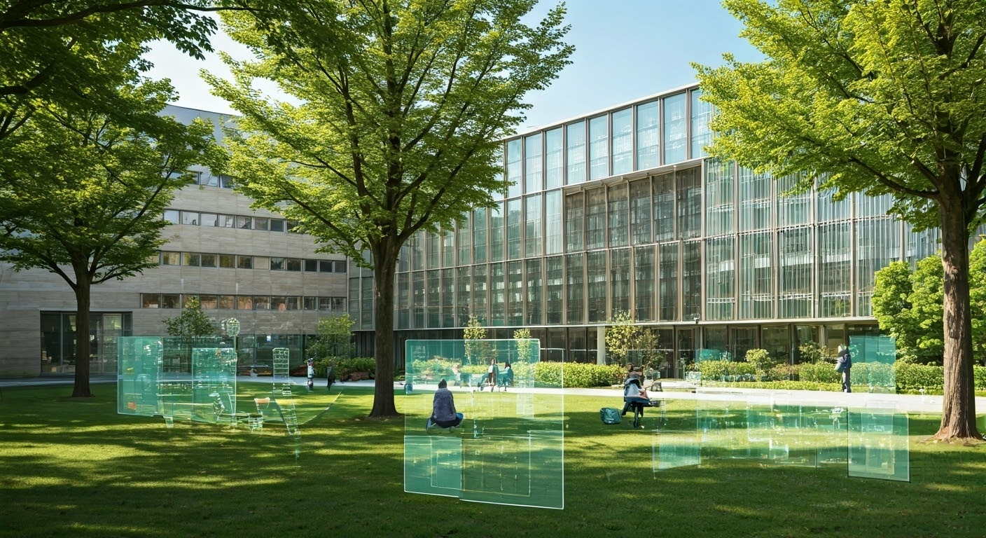 Modern university campus with students